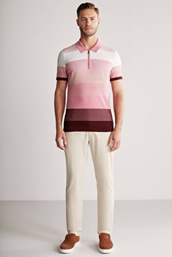 Hemington Pink Striped Zippered Collar Mercerized Cotton Knitwear Polo