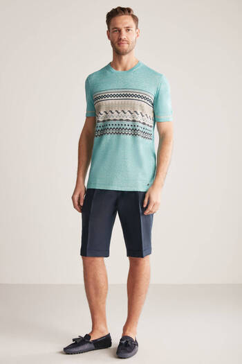 Hemington Linen Cotton Blend Ethnic Pattern Blue Knitwear T-Shirt