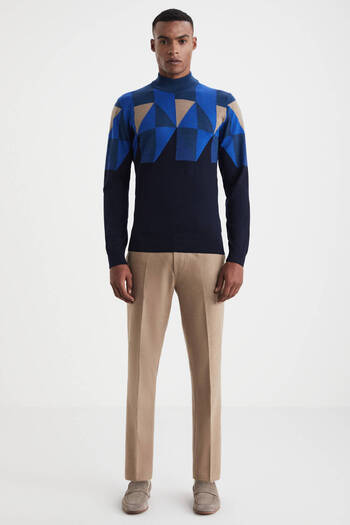 Hemington Patterned Navy Blue-Camel Half Turtleneck Merino Wool Sweater