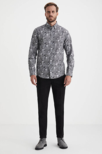 Hemington Ethnic Patterned Black and White Pure Cotton Shirt