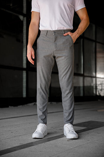Ser Joven Erkek Füme Slim Fit Çizgili Kumaş Pantolon