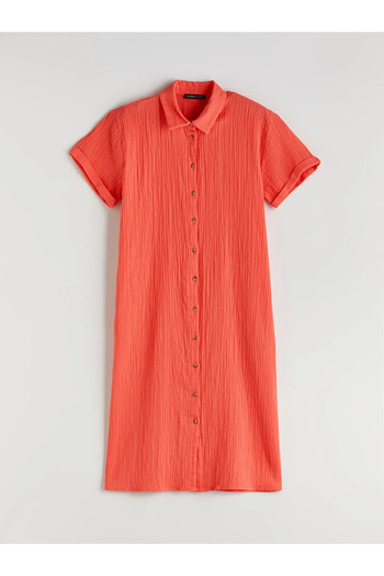 LC Waikiki Lcwaikiki Classic Orange Textured Oversize Muslin Shirt Dress