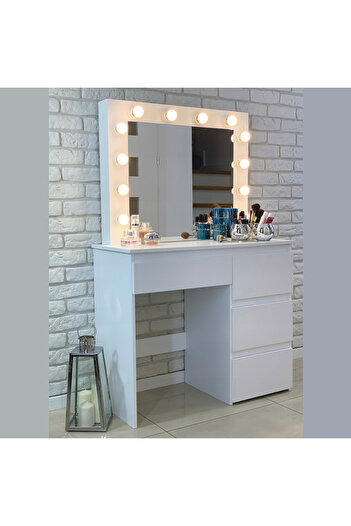 SERSIMO Masa de toaleta si machiaj Hollywood Pro, alba, cu 4 sertare, oglinda si 12 LED-uri, 90x40x140 cm