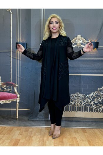 Yeşilmoda Vest,Cotton Thread,Embroidered,Under the Knee,Casual,Sleeveless,Black,High Quality,Summer