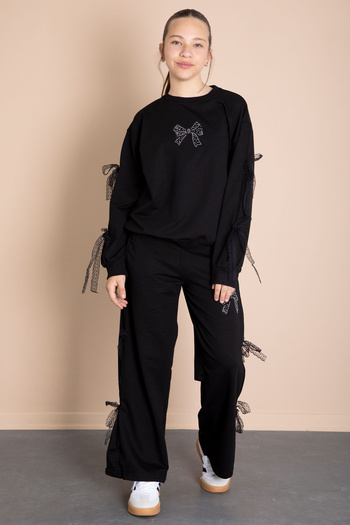 Cansın Mini Black Wide Leg Girls Tracksuit Set with Bow Detail on the Sides 21196