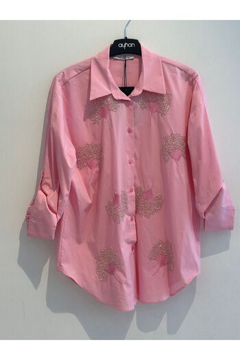 AYHAN Bead Embroidered Foldable Sleeve Cotton Shirt