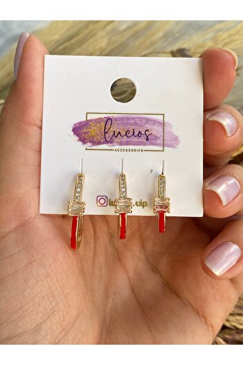 Lucios Vip Baguette Stone Detailled Colorful 3-Piece Earring Set