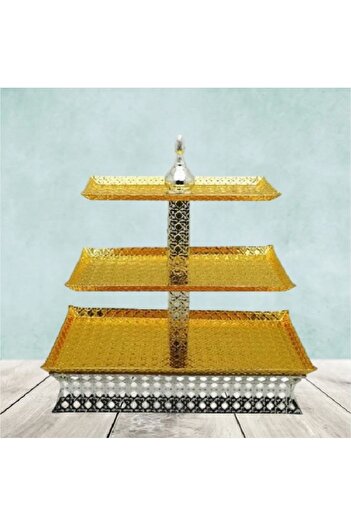 BASURRAH Large rectangular gold metal three-tier dessert serving platter