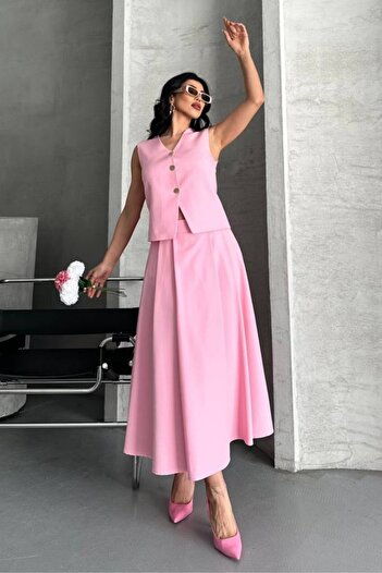 AKD Atelier Kadın İkili Alt Üst Takım Düğmeli Yelek Uzun Çan Etek Takım