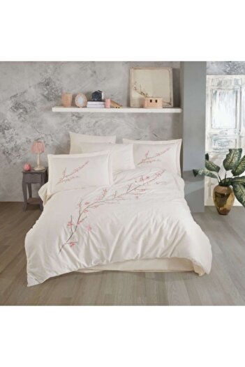 Hobby Lenjerie pat dublu din poplin fin cu broderie florala, ceaceaf pilota 200 x 220 cm, Vera Crem