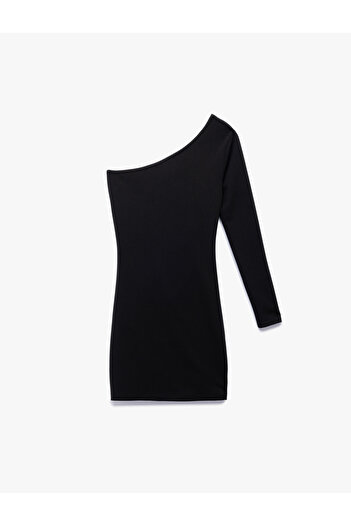 Koton Krep Scuba Kumaş Drape Detaylı Uzun Kollu Tek Omuz Mini Elbise