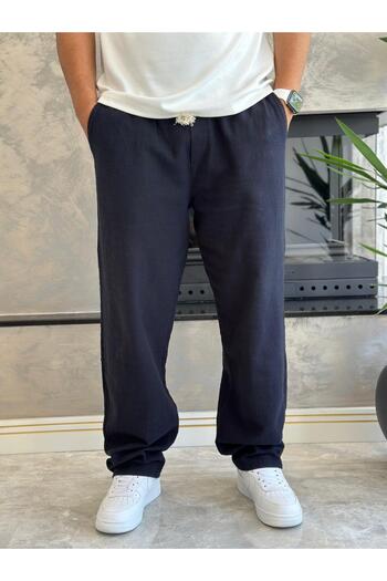 ECARTS Men's Comfortable Fit Linen Trousers Navy Blue Eca001