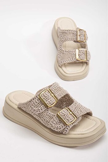 Lolo Life Women's Straw Detailed Double Buckle Slippers Poly Sole -0302