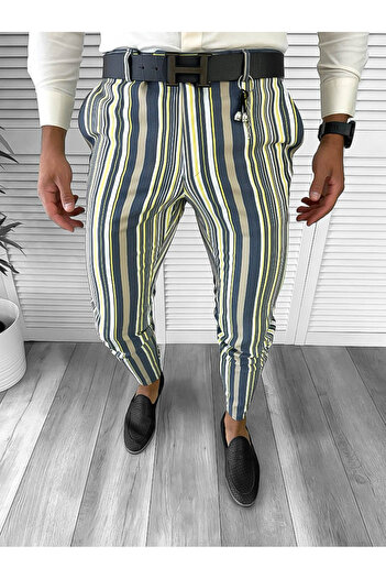 dehaine Men's casual pants, striped, slim fit, Cream, B9162