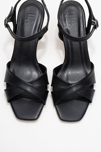 LuviShoes Melin Black Leather Cross Strap Women's Heeled Shoes