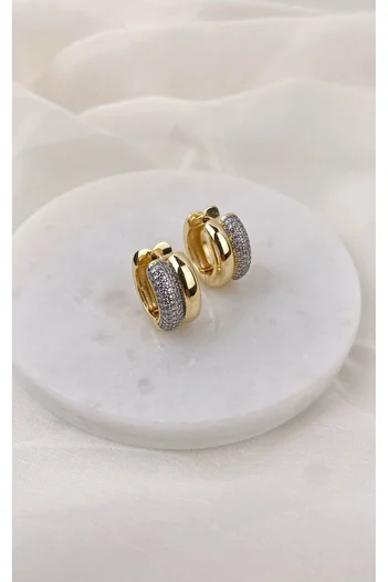 Sacha Accessories Zircon Stone Double Row Look Gold Silver Hoop Earrings