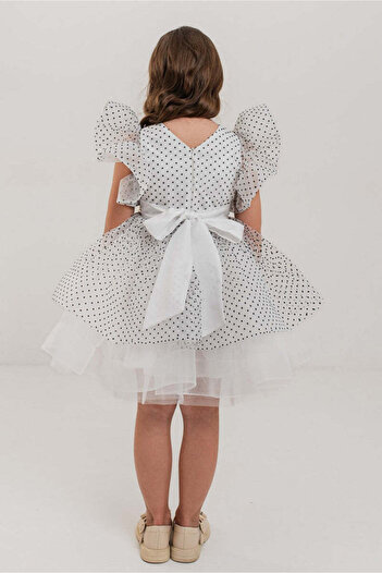 SOLLUXE CELESTE - Occasion Dress in Organza with Polka Dots and Fine Tulle with Crinoline, White, 128
