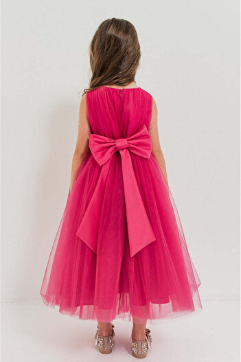 SOLLUXE JASMINE – Rochita de ocazie din tulle fin cu saten si drapaje cu funda decorativa, fuchsia, 134