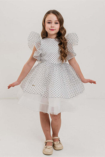 SOLLUXE CELESTE - Occasion Dress in Organza with Polka Dots and Fine Tulle with Crinoline, White, 128