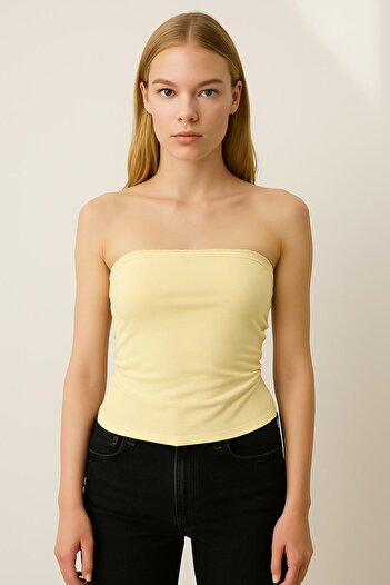HAKKE Lace Gathered Strapless Bluz