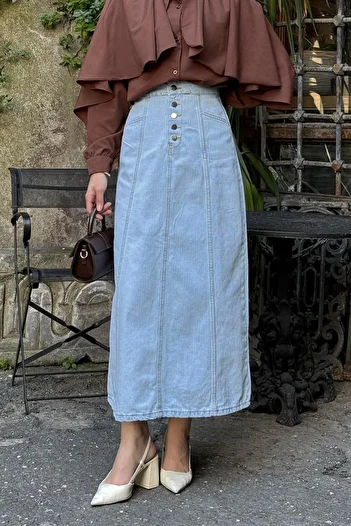 lamelif Fusta din denim Hijab cu detaliu nasture Albastru deschis