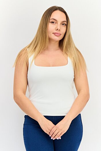 Bebe Women Square Neck Sleeveless Solid Tank Top, White