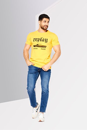 Replay Men Crew Neck Short Sleeve Graphic T-Shirt, Yellow/Black