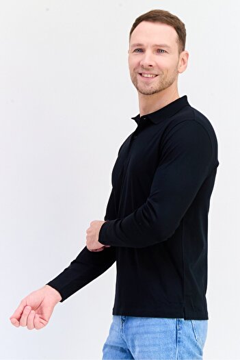 Giordano Men Slim Fit Solid Full Sleeves Polo Shirt, Black