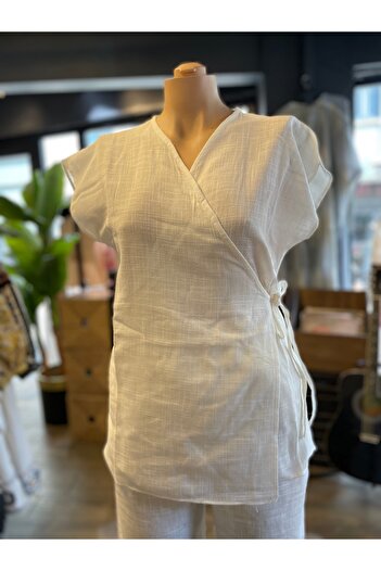 Saloon Half Sleeve Cross Tie Linen Plain Summer Double Bottom Top Set