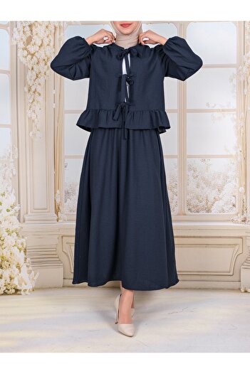 Modamorfo Lace-Up Front Sleeve Elastic Skirt Suit - Navy