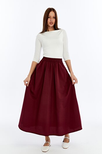 MA ananas Burgundy Elastic Waist Flared Skirt Ma899
