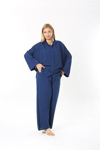 XL Modam Women's Long Sleeve Dark Blue Linen Large Size Set
