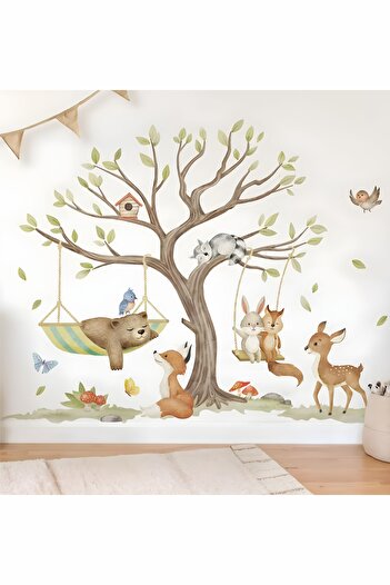 Grafikup Cute Forest Animals Sticker Set - Tree and Cute Forest Animals Kids Room Wall Sticker