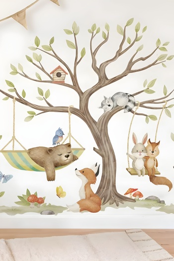 Grafikup Cute Forest Animals Sticker Set - Tree and Cute Forest Animals Kids Room Wall Sticker