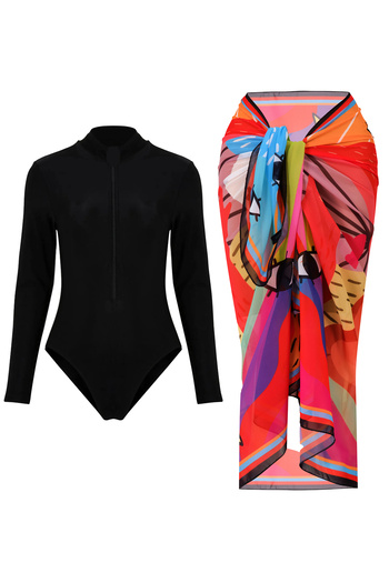 CUPSEA Black Long Sleeve Zippered Lycra Swimmer Swimsuit Rainbow Pareo Set of 2