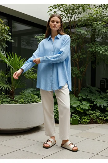 COMBİNE MİCHAİL New Season Women's Loose Cut Summer Shirt Sky Blue