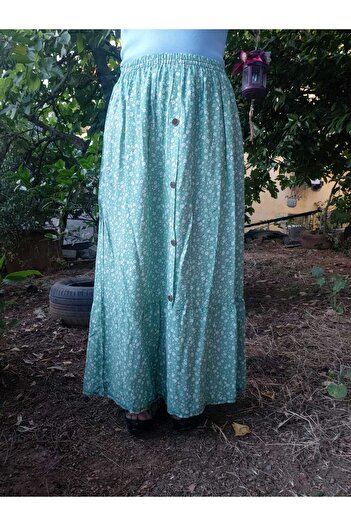 hoaryage Elastic Waist Ruffled, Button Detailed Crispy Floral Viscose Push Skirt36-44Size