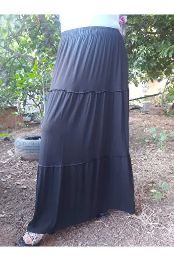hoaryage Elastic Waist, 3 Layers Ruffle Long Skirt Combed Cotton Fabric 100% Cotton