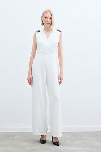 Sateen Jumpsuit with Accessory Detail - Ecru