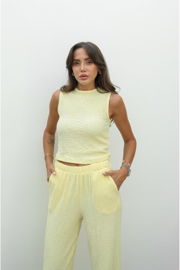Havoş Yellow Textured Blouse Pants Set