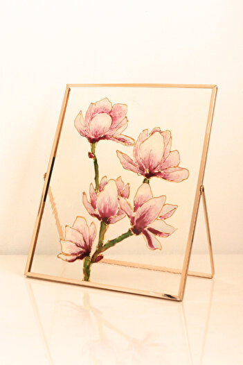MargotshopArt Stained Glass Painting "Magnolias" – Hand Painted, 20x25 cm, Gold Metallic Frame