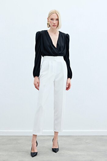 Sateen High Waist Classic Trousers - Ecru