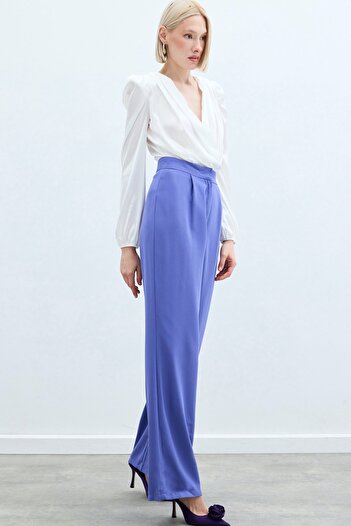 Sateen Pileli Krep Pantolon - Mor