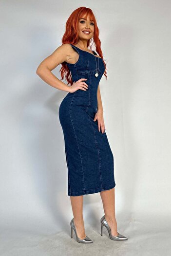 WildFashion Rochie lunga, casual din denim albastru usor elastic G843-4