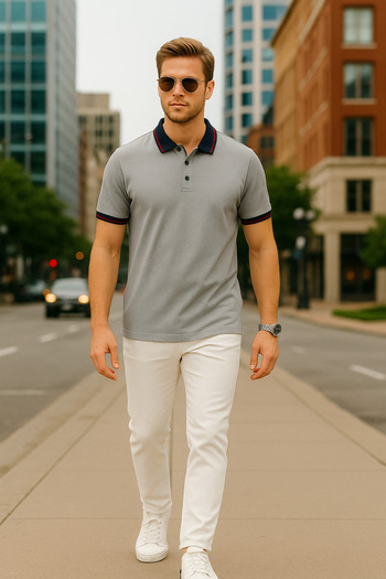 LACİVERTMEN Navy Blue 2988-1 Cotton Polo Neck Regular Fit T-Shirt with Collar and Cuff Detail