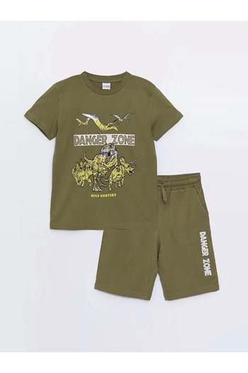LC Waikiki Lcw Kids Khaki Crew Neck Printed Short Sleeve Boys T-Shirt and Shorts