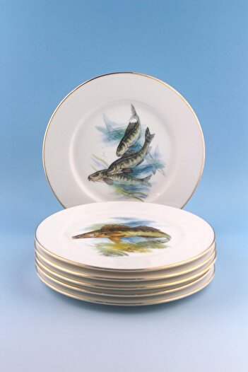 Bursa Porselen Dekor Porcelain Cake Plate for 6 People with Fish Gold Gilding