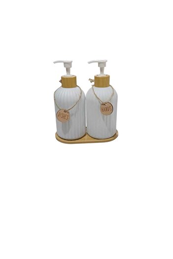 CENGİZ ÇEYİZ Mi̇en Stri̇py Bamboo Plate 500 ml 2-Piece Glass Liquid Soap Dispenser 20290025-W