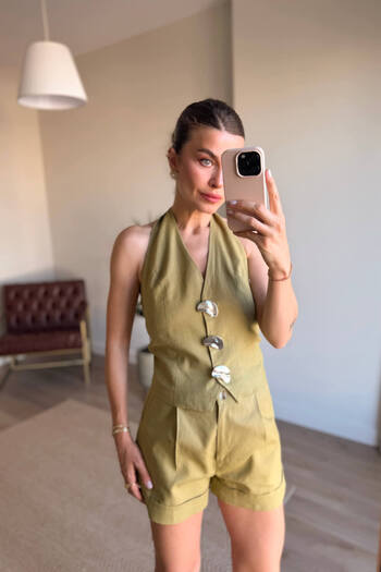 Sue Store Olive Silver Button Back Low-Cut Blouse Shorts Set