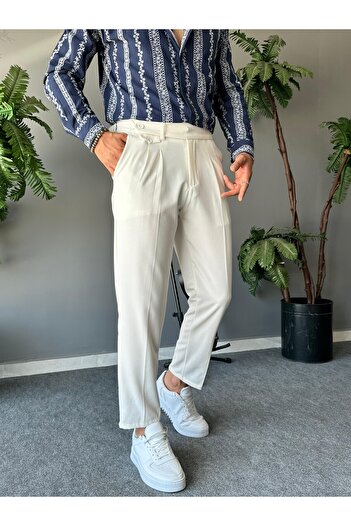 THEMANN Double Buckle Pleated Ecru Italian Cut Trousers